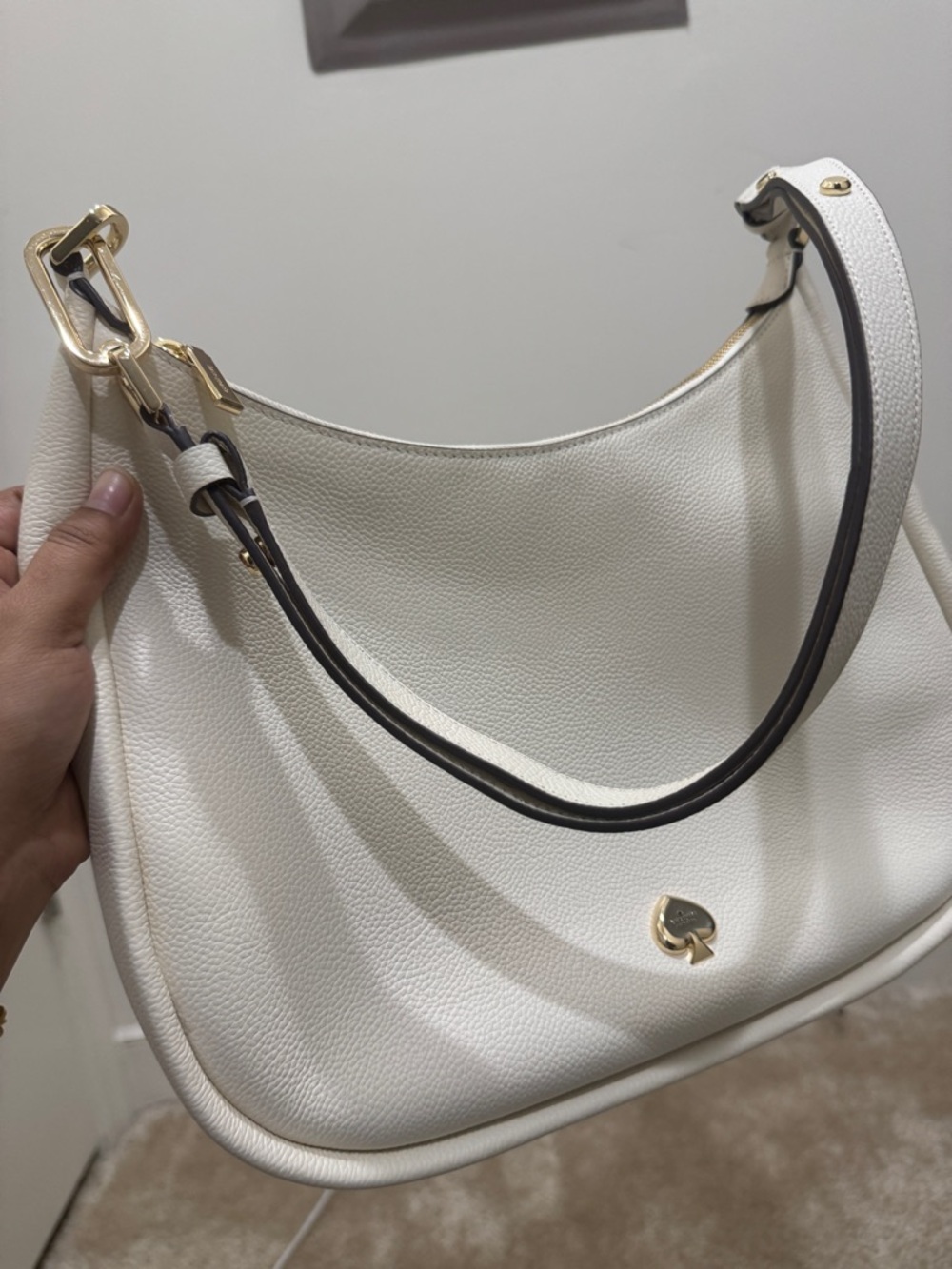 kate spade White Pebbled Leather Shoulder Hobo with Gold Accent
